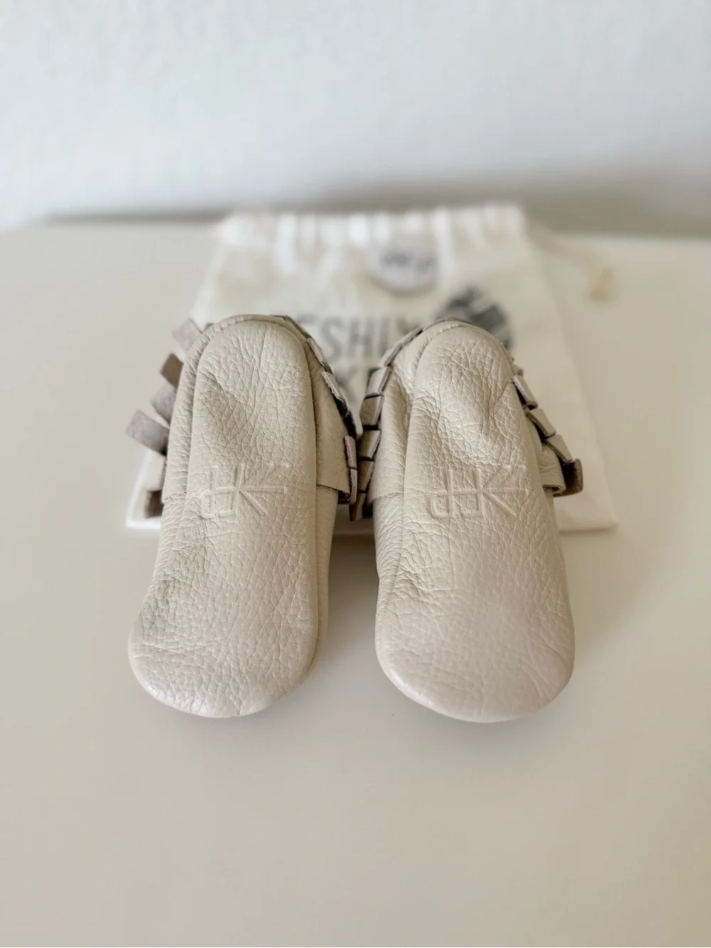 Freshly Picked Neutral Leather Fringe Baby Moccasins with Bag